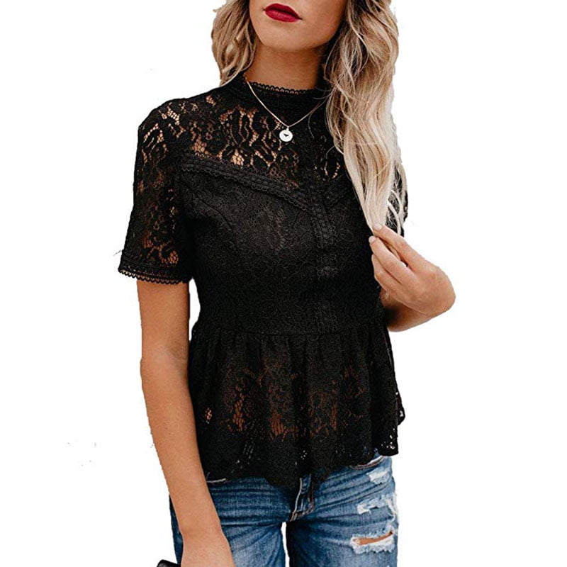 Women's Short Sleeve Sexy Sheer Mesh Lace Blouse Peplum Top | Walmart ...