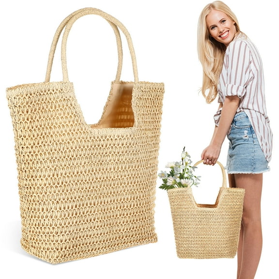 FRCOLOR Straw Bag Woven Tote Bag Beach Bag Straw Handbag Zipper Boho Bag Women Summer Tote Bag For Travel Vacation