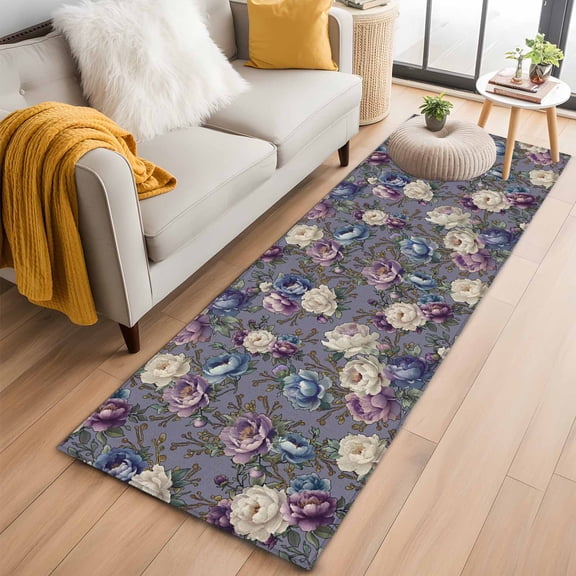 Kitchen Runner 2 x 6 Ft, Spring Flowers Non-Slip Residential Carpet, Farmhouse Retro Botanical Purple Blue Floral Indoor Crawling Mats Runner Rugs for Living Room/Dining Room/Bedroom