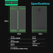ALPHAGROW Indoor Grow Tent, 48 x 48 x 80 in, 600D Mylar Canvas, Twin Doors, Observation Window, and Floor Tray