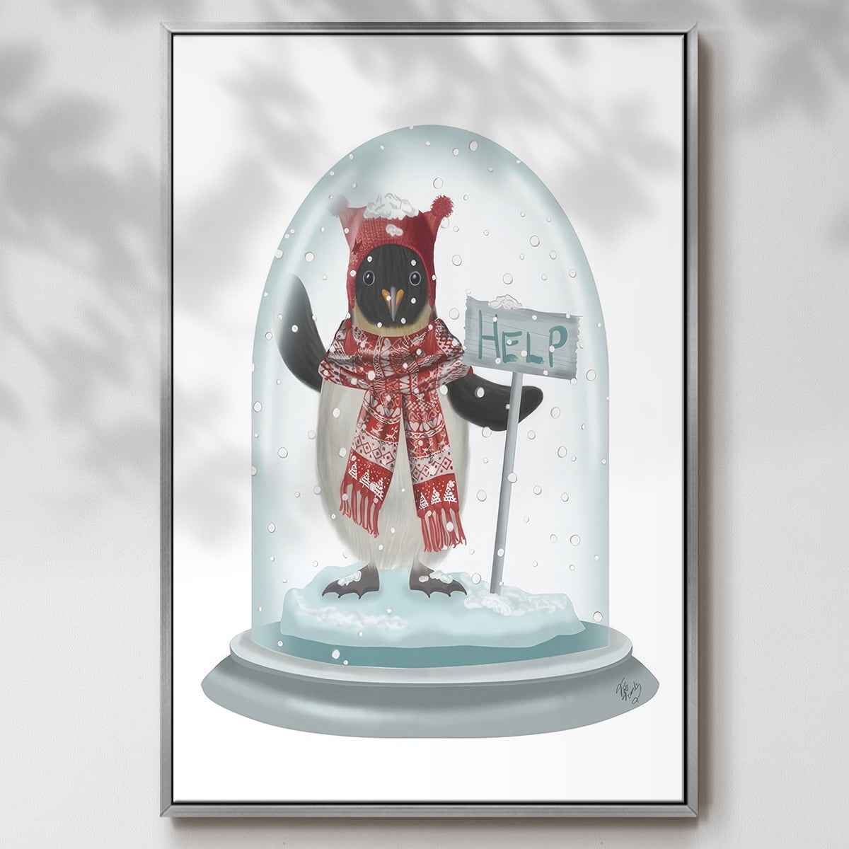 Christmas Penguin Snow Globe - Framed Gallery Wrapped Holiday Canvas - 25 x 37 - Silver Frame