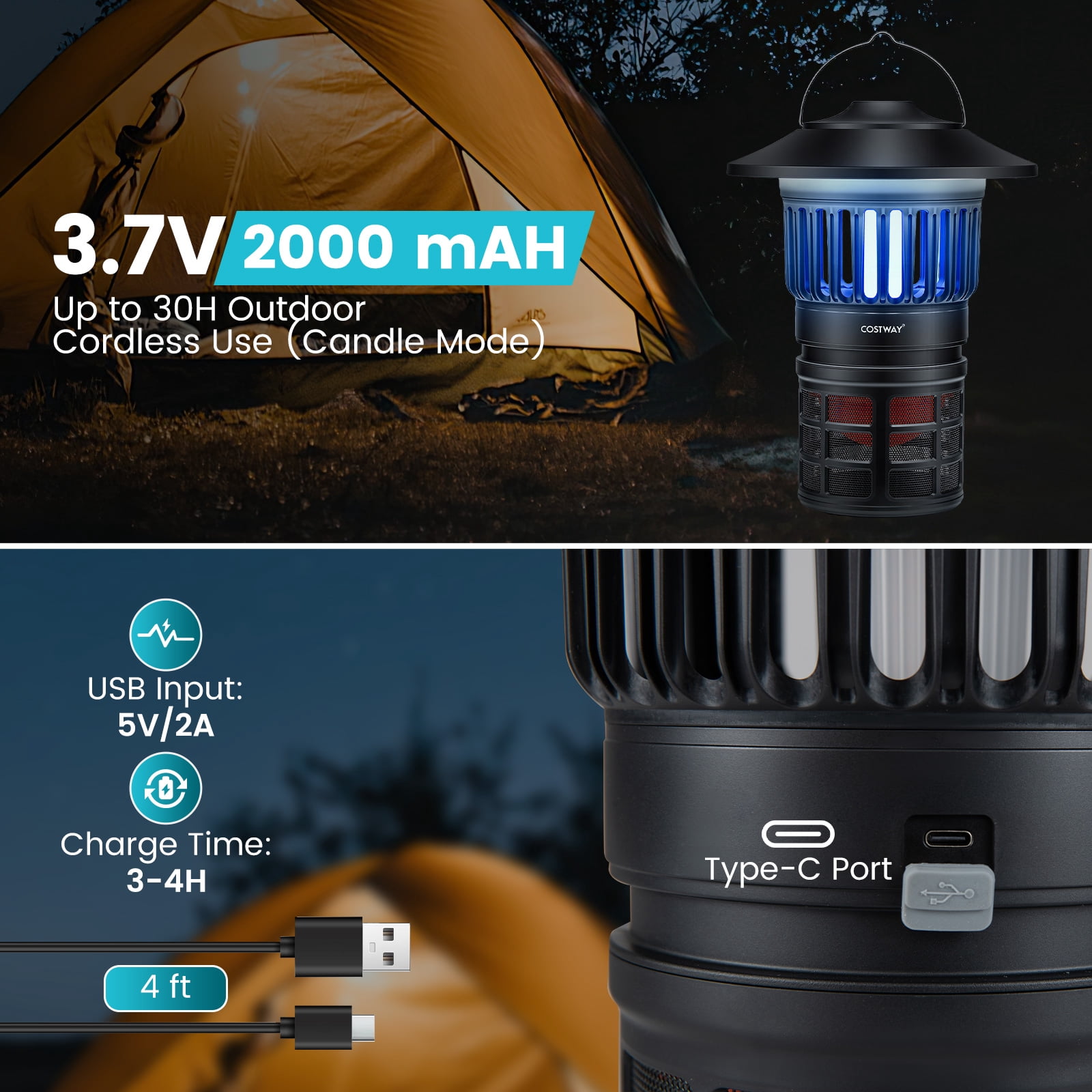 Costway Fly Trap with Light, Rechargeable Electric Bug Catcher & Killer with LED Lantern