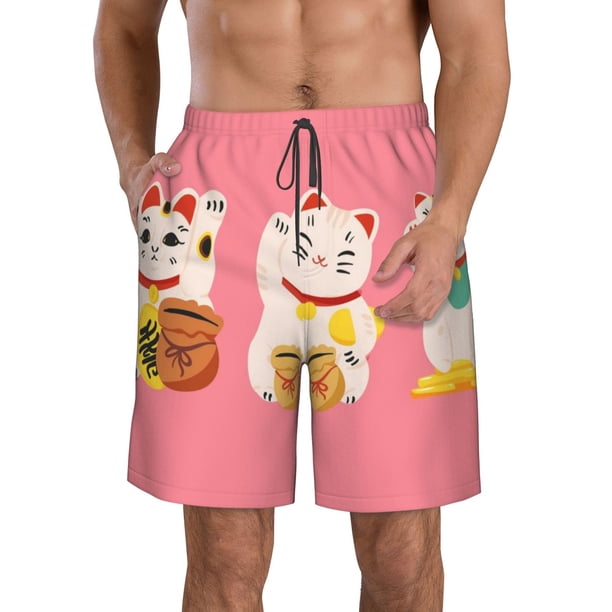 Balery Cute Cat Traje de Baño Estilo Hawaiano para Hombre, Shorts de Secado Rápido con Bolsillos-Medium