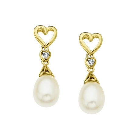 Freshwater Pearl Heart Drop Earrings with Diamonds in 10kt Gold
