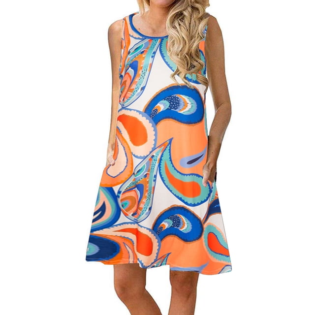 Fankiway Mode Femmes Robe Débardeur Sans Manches Col Rond Été Confortable Imprimé Poches Décontractée Ample Robes d'Été pour Femmes Liquidation Robes Femmes Grande Taille Liquidation
