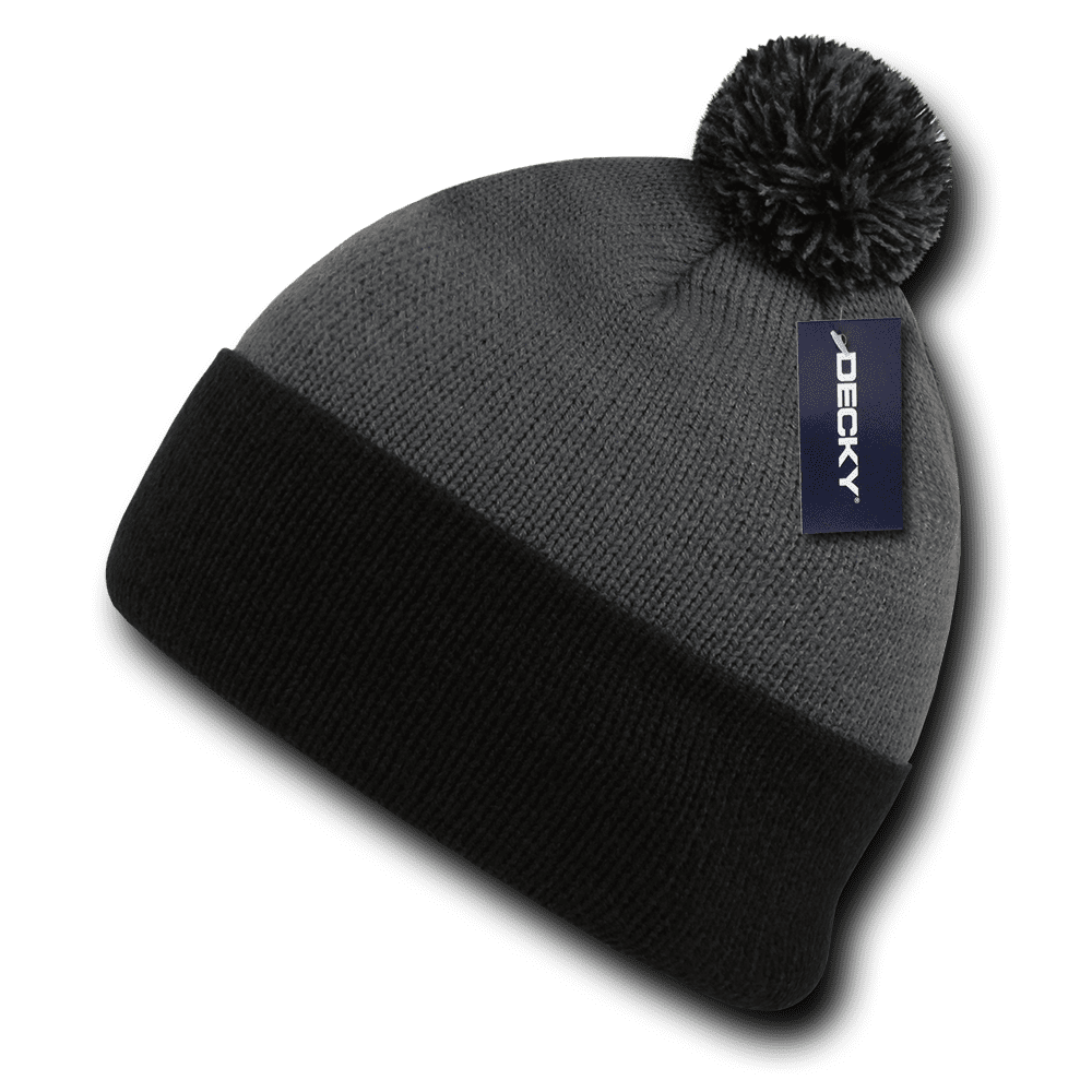 Decky Decky Pom Pom Two Tone Beanies Beany For Men Women Long Cuffed Tight Stretchy Knitted