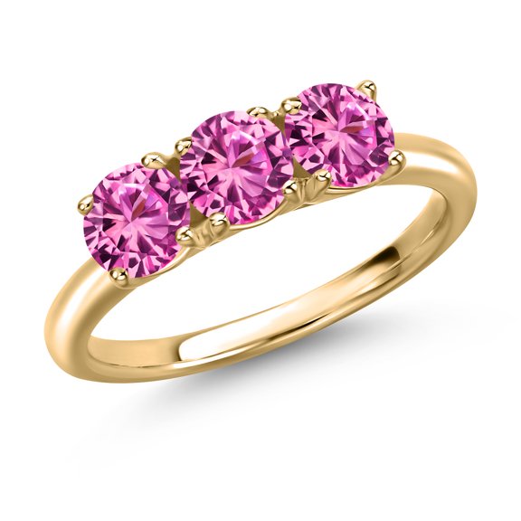 Gem Stone King 10K Yellow Gold Pink Created Sapphire Engagement Ring for Women | 1.65 Cttw | Round 5MM | Gemstone September Birthstone | Size 9