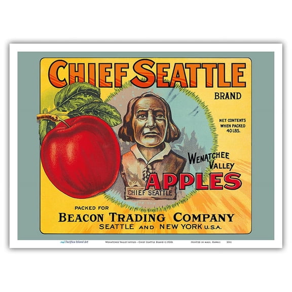 Wenatchee Valley Apples - Chief Seattle Brand - Vintage Fruit Crate Label c.1920s - Master Art Print (Unframed) 9in x 12in