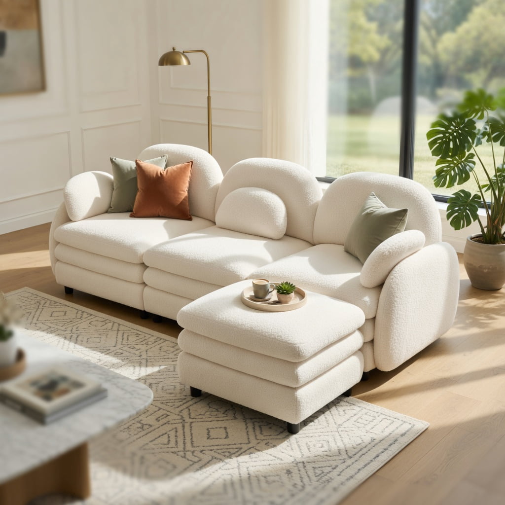 Hommoo Teddy Fleece 3-Seat Modular Sofa Set, Cloud-Like Softness, Curved Backrest & Lumbar Support, 3-Seater Couch with Double-Layer Cushions, Beige