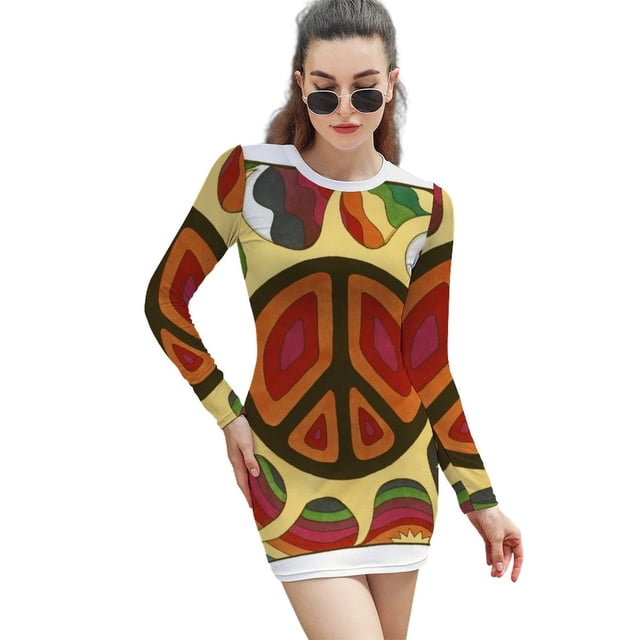 Robe Vintage Psychédélique Paix à Manches Longues pour Femmes Robe à Poche Mode Robes Paix Psychédélique Amour