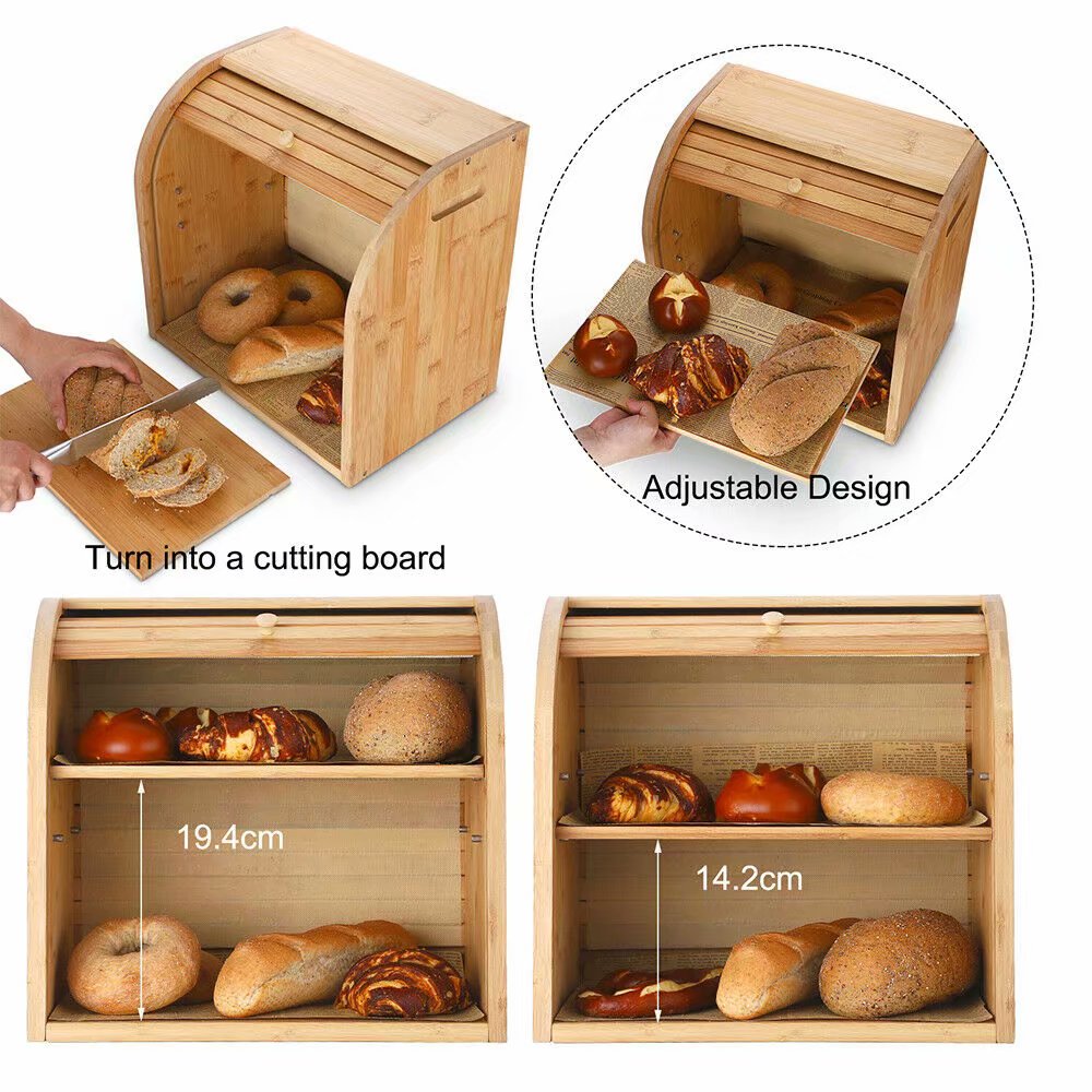 Bread Box, G.a HOMEFAVOR 2 Layer Bamboo Bread Boxes for Kitchen Food Storage, Large Bread Storage Box, with Roll-Top Cover and Cutting Board (Self-Assembly) - image 5 of 10
