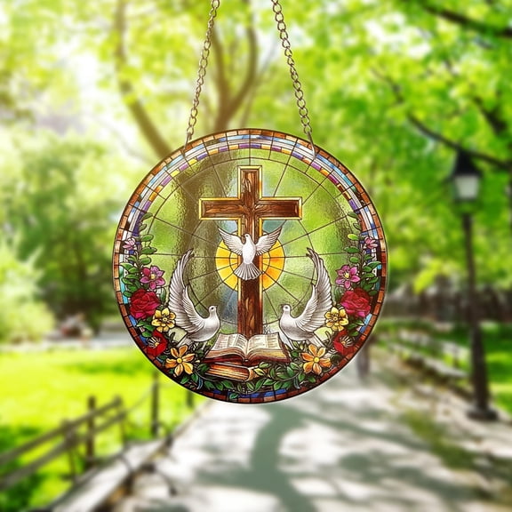 Christian Stained Glass Window Hanging Suncatcher Decor Cross With Doves and Bible Suncatcher, Religious Home Decor Gift, Christmas Gifts
