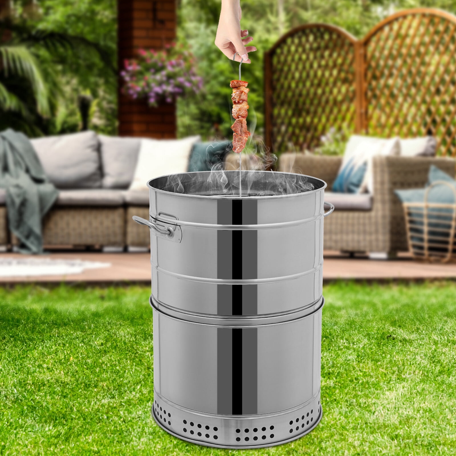 DENEST Large Portable Charcoal Grills, Stainless BBQ Grill Barrel 360° Smokeless Outdoor Barbecue Grill with 50 Skewers for Camping