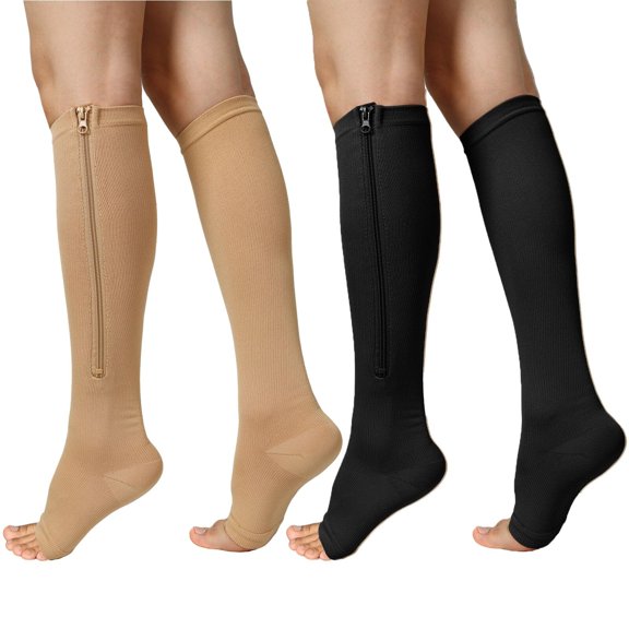2 Pairs Zipper Copper Compression Socks for Women & Men Circulation 15-20 mmhg - Better Blood Flow, Swelling, Best Support for Medical, Running, Nursing
