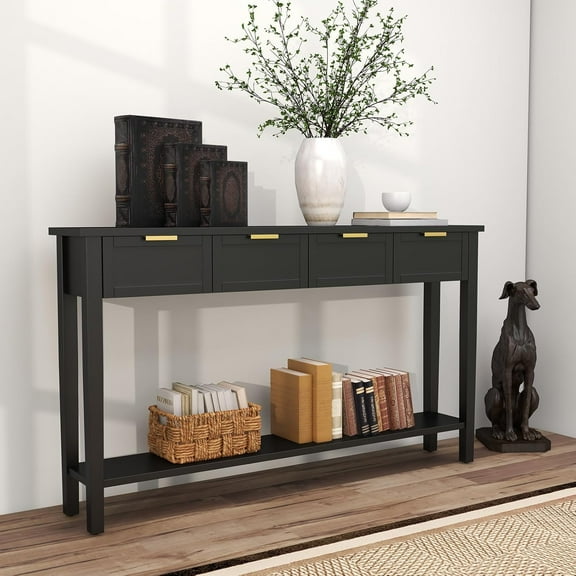 Kinbor Long Console Table, 2-Tier Narrow Sofa Table with Open Shelf & 4 Drawers, Modern Entryway Table, Black
