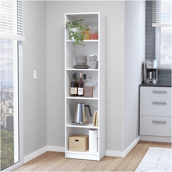 JERFIT 5 Tier Narrow Bookcase, Modern White Tall Storage Shelf Organizer for Living Room, Bedroom, Office
