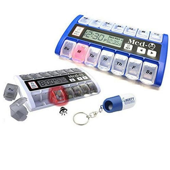 New MedQ Daily Pill Box Reminder with Flashing Light and Beeping Alarm includes Bonus Liberty Pill Keychain (White and Blue Bundle)
