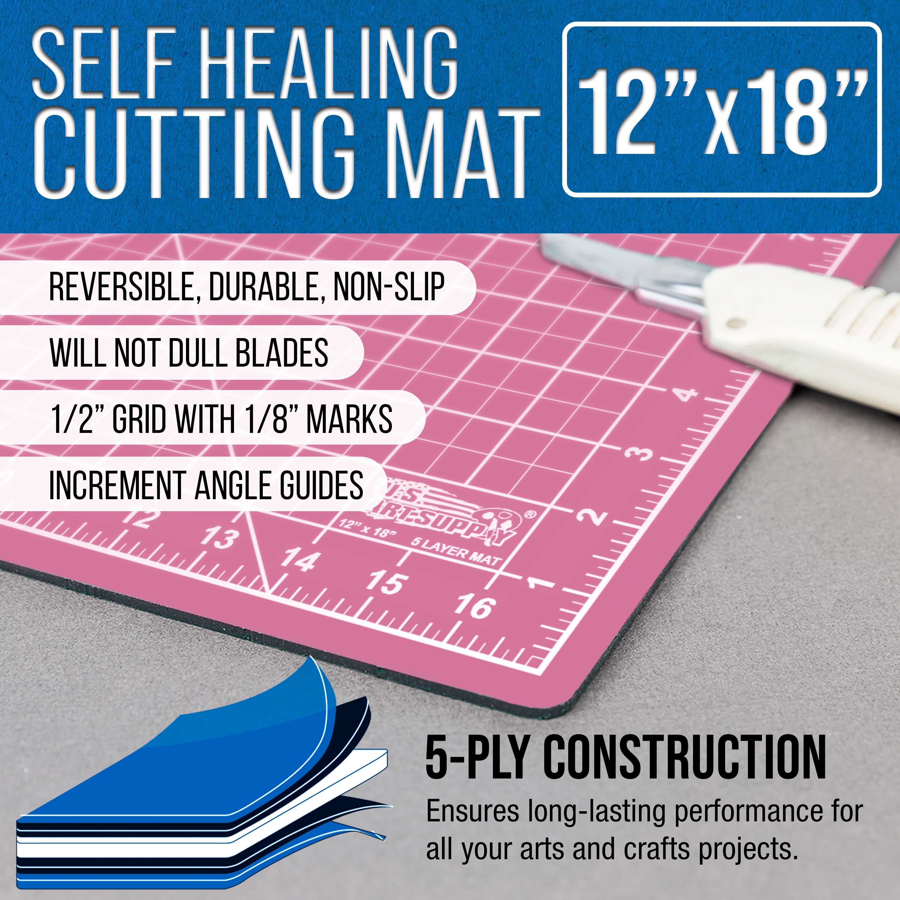 U.S. Art Supply 9" x 12" Self-Healing Cutting Mat 5-Ply - Double-Sided Pink/Blue Craft Mat, Non-Slip Cutting Mats for Crafts, Sewing, Quilting, Scrapbooking