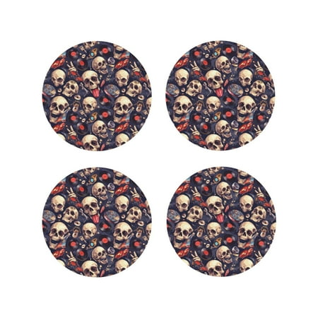 

Fuzoiu Skull record rock Print Leather Coasters Set Drink Coasters Set of 4 for Tabletop Protection Durable PVC Coasters Home Décor and Housewarming Gift-Round Shape