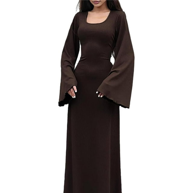 Vestido de Punto Acanalado para Mujer, Acampanada, Ajustado, Holgado e Informal. Marrón L