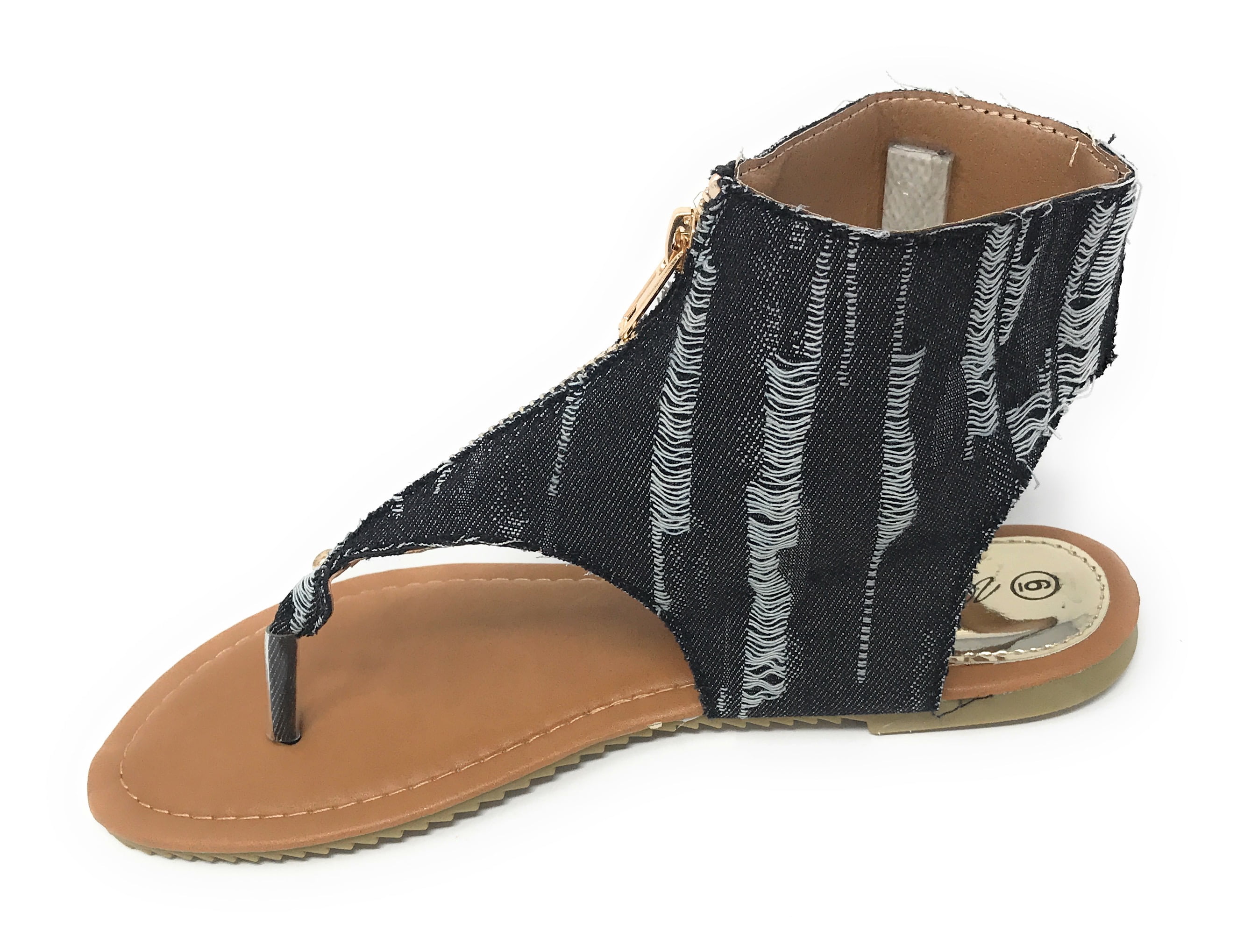 Victoria K Women's Distress Denim Zip Front Sandals