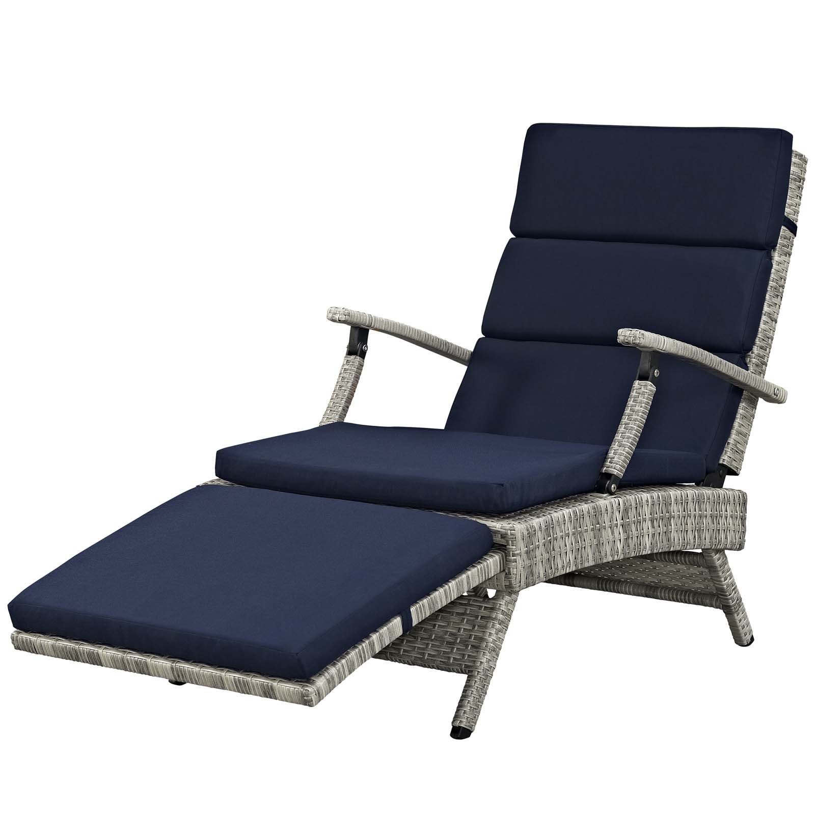 Contemporary Modern Urban Designer Outdoor Patio Balcony Garden Furniture Lounge Chair Chaise, Fabric Rattan Wicker, Navy Blue - image 3 of 9