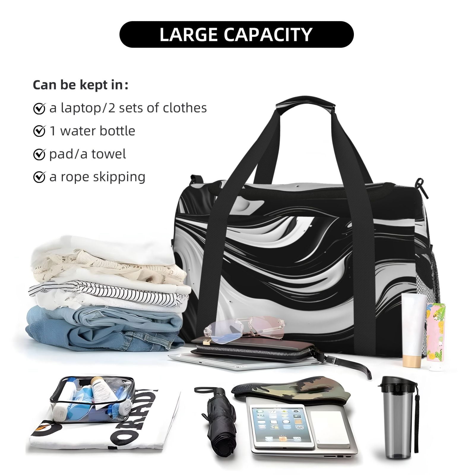 Kuqiui Abstract Black White Swirls Print Foldable Travel Duffel Bag Tote Carry on Luggage Bag Personal item Sports Gym Bag Water Resistant Weekender Overnight Bags for Women and Men