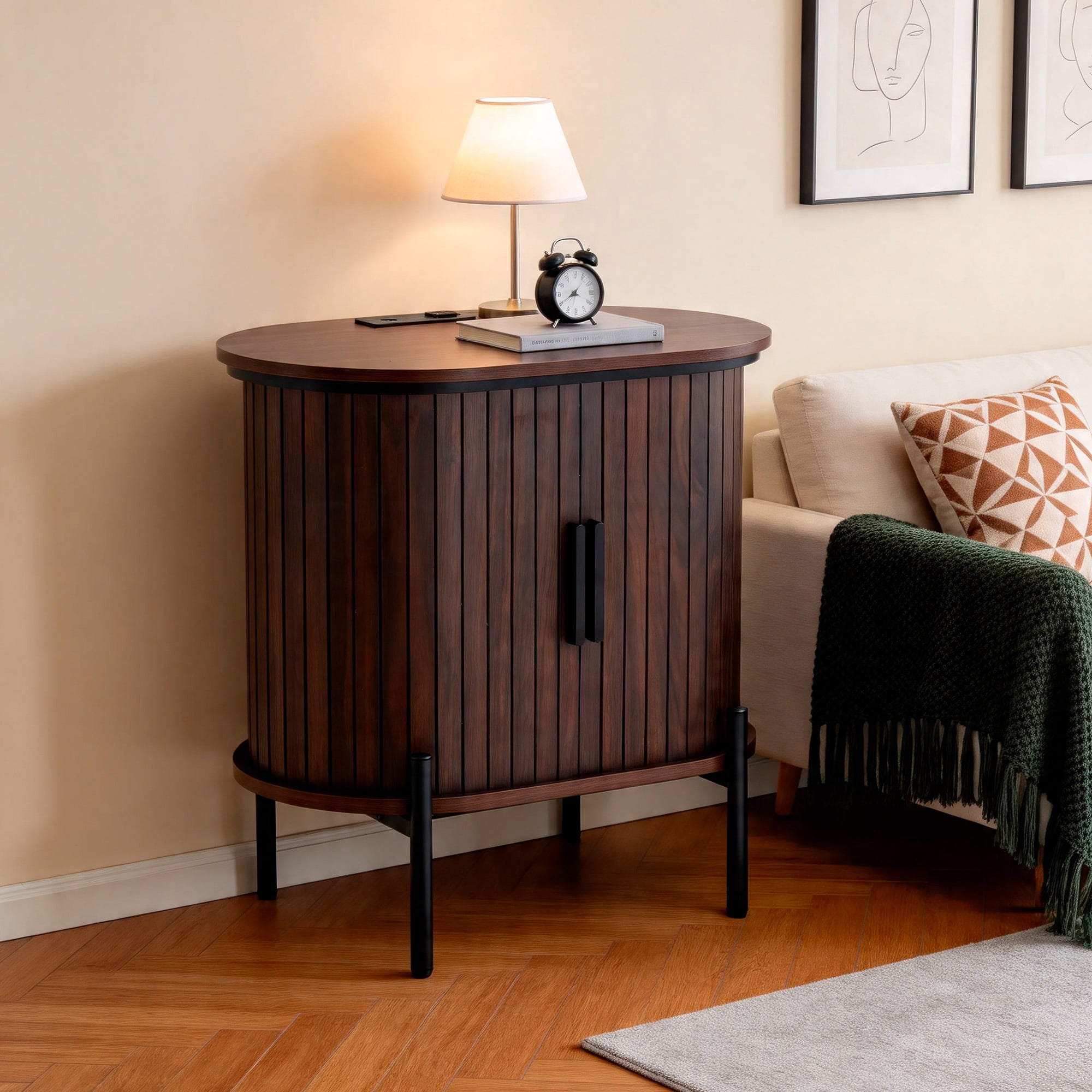 Ebello Nightstand with Built-in Charging Station, Modern Oval End Table with Storage, Sliding Door & Raised Base for Bedroom and Entryway, Walnut