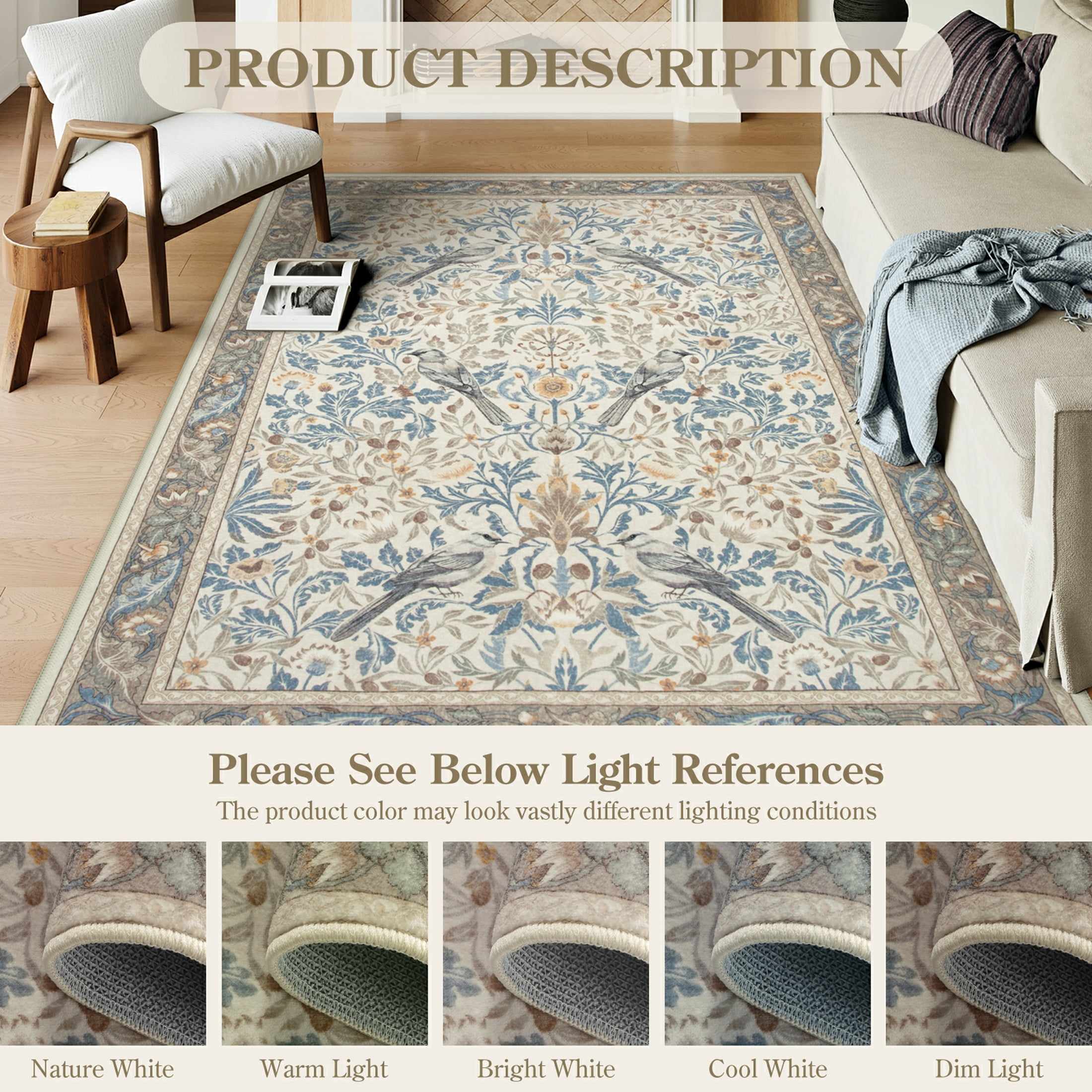 Moynesa 8'x10' Vintage Bird Washable Rugs for Living Room, Beige Botanical Floral Large Area Rugs for Bedroom, Non-Slip Soft Natural Rugs for Dining Room, Accent Carpet for Under Table Apartment