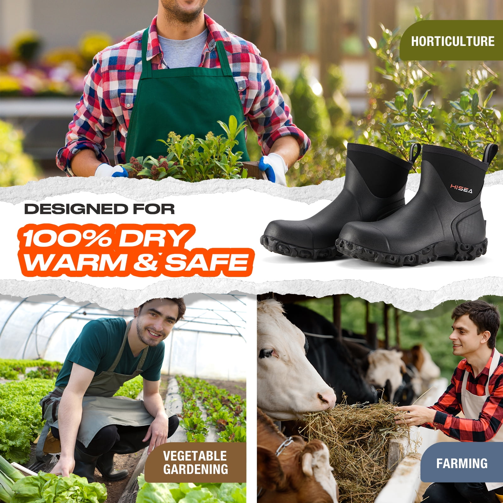 HISEA Men's Rubber Rain Boots Waterproof Outdoor Ankle Mud Boots Black US Size 10