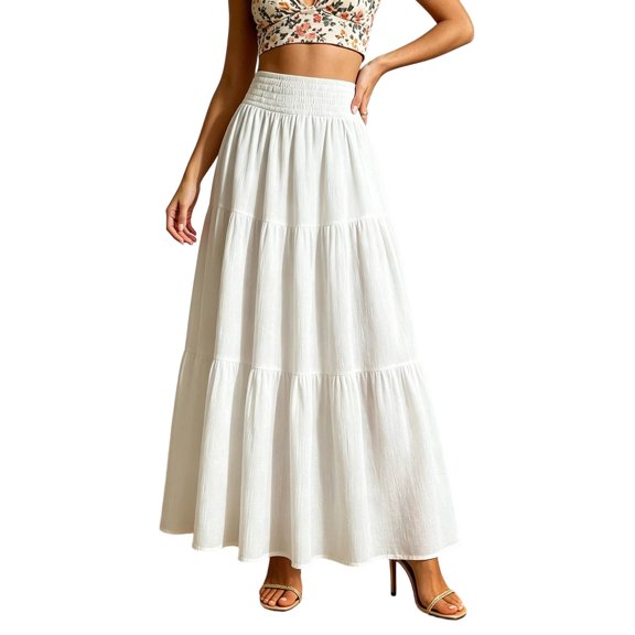 ZHOGXU Elegant Ladies Midi Skirts For Women Solid Color Knee Length High Elastic Waist A Line Design Party Club Wear
