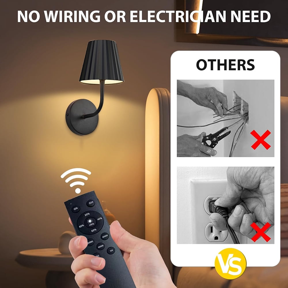 Jercoda 2 Pack Wireless Wall Sconces with Remote Control, 2000mAh Rechargeable Arm Wall Lights with Touch Control, Black Metal Wall Lamps for Bedroom Living Room, Set of 2