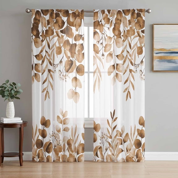 Brown Eucalyptus Leaves Sheer Curtains 108 Inch Length 2 Panels Set Window Treatments, Spring Summer Botanical Rod Pocket Semi Curtains for Living Room/Bedroom/Kitchen Décor, 104"W x 108"L
