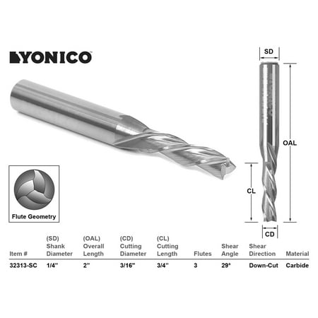 

Yonico CNC Router Bit Down Cut 3 Flute 3/16 Dia. X 3/4 - 32313-SC