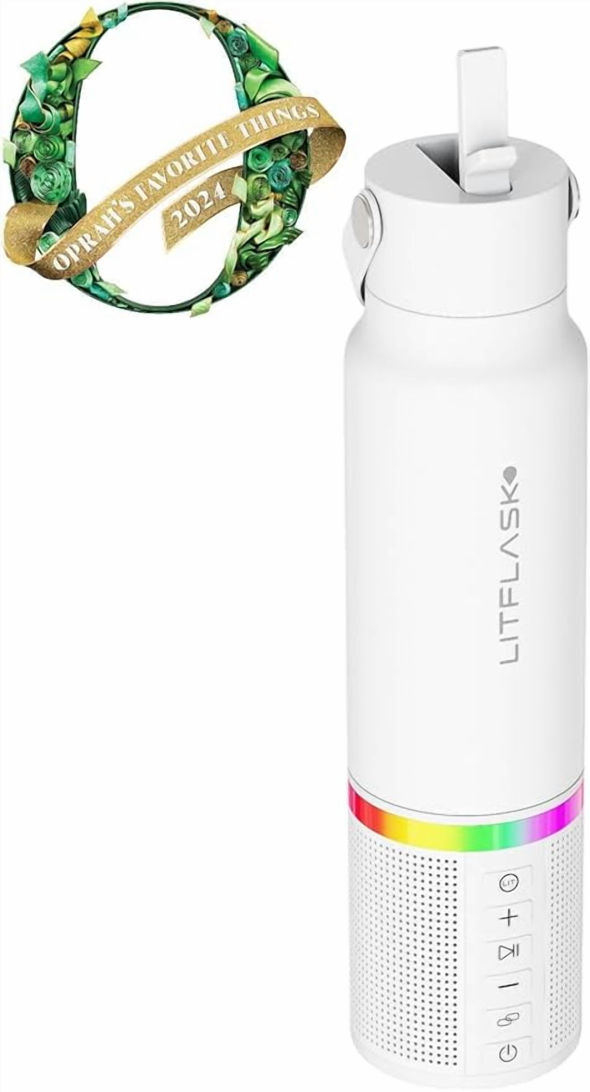 LITFLASK Smart Water Bottle with Premium Bluetooth Speaker, White, Portable Charger, LED Light, Stainless Steel, Mix & Match Colors, 20oz - Oprah's Favorite Things 2024