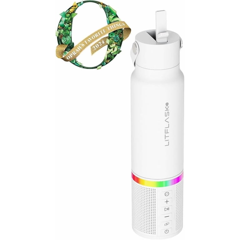 LITFLASK Smart Water Bottle with Premium Bluetooth Speaker, White