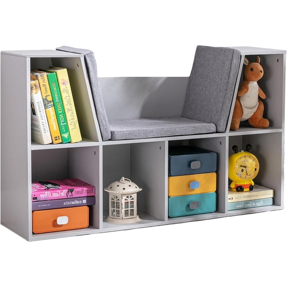 NeoNiches 6-Cubby Kids Bookcase with Reading Nook and Cushion Grey | Multi-Purpose Storage Organizer, for Bedroom, Living Room