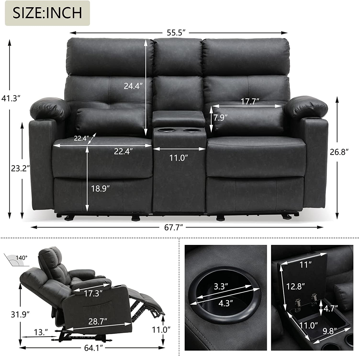 Loveseat Recliner, Power Double Recliners Loveseat, Electric Reclining Loveseat with Heat and Massage, Leather Reclining Loveseat with Console, Cup Holders, Lumbar Support for Living Room