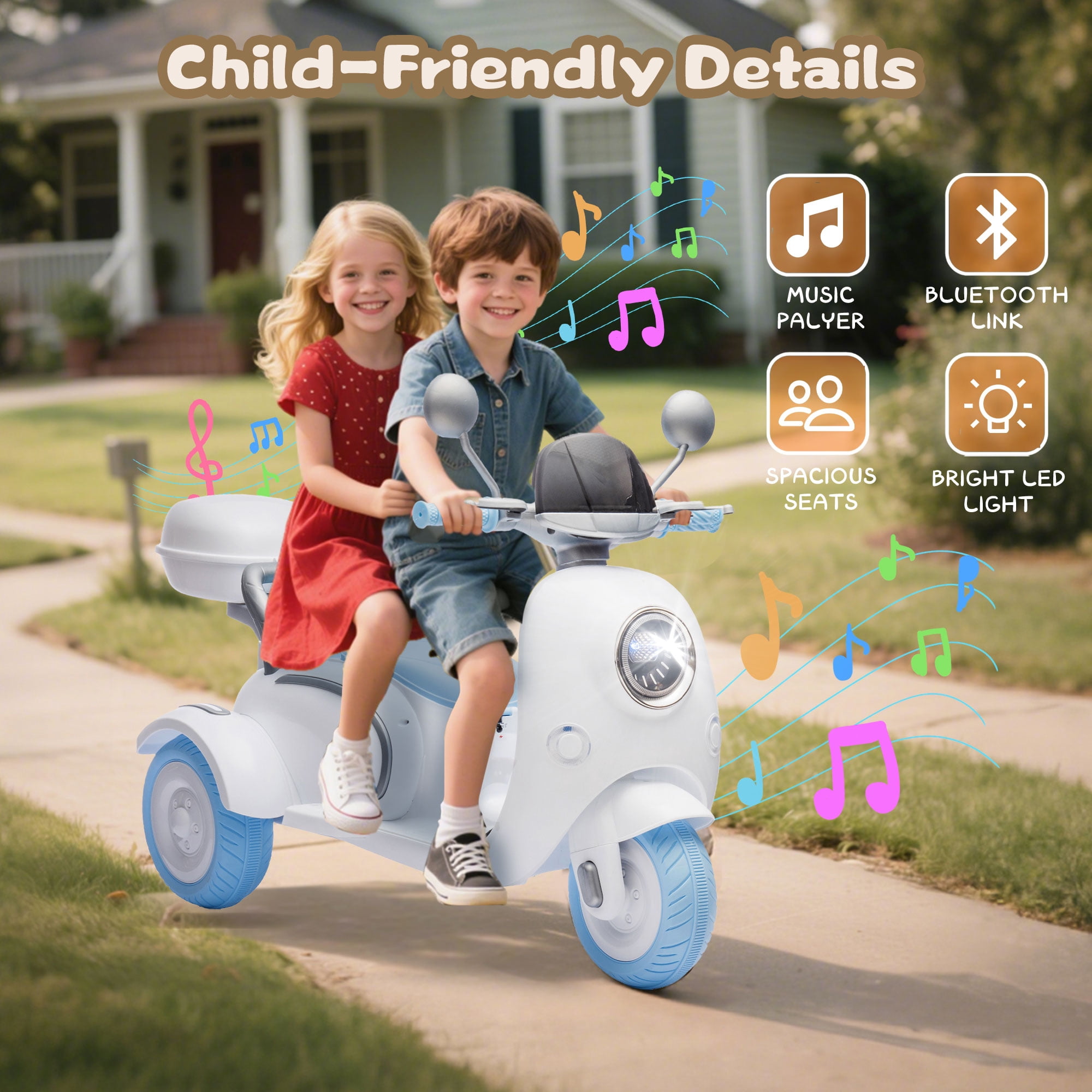 Xuanlur 12V Kids Electric Motorcycle, 3 Wheel 2 Seater Ride on Motorcycle w/Remote Control, 25W*2 Motors Electric Motorcycle w/Big Storage Box, Music, Horn, Light, Ride on Toys for Kids 3-8, Blue