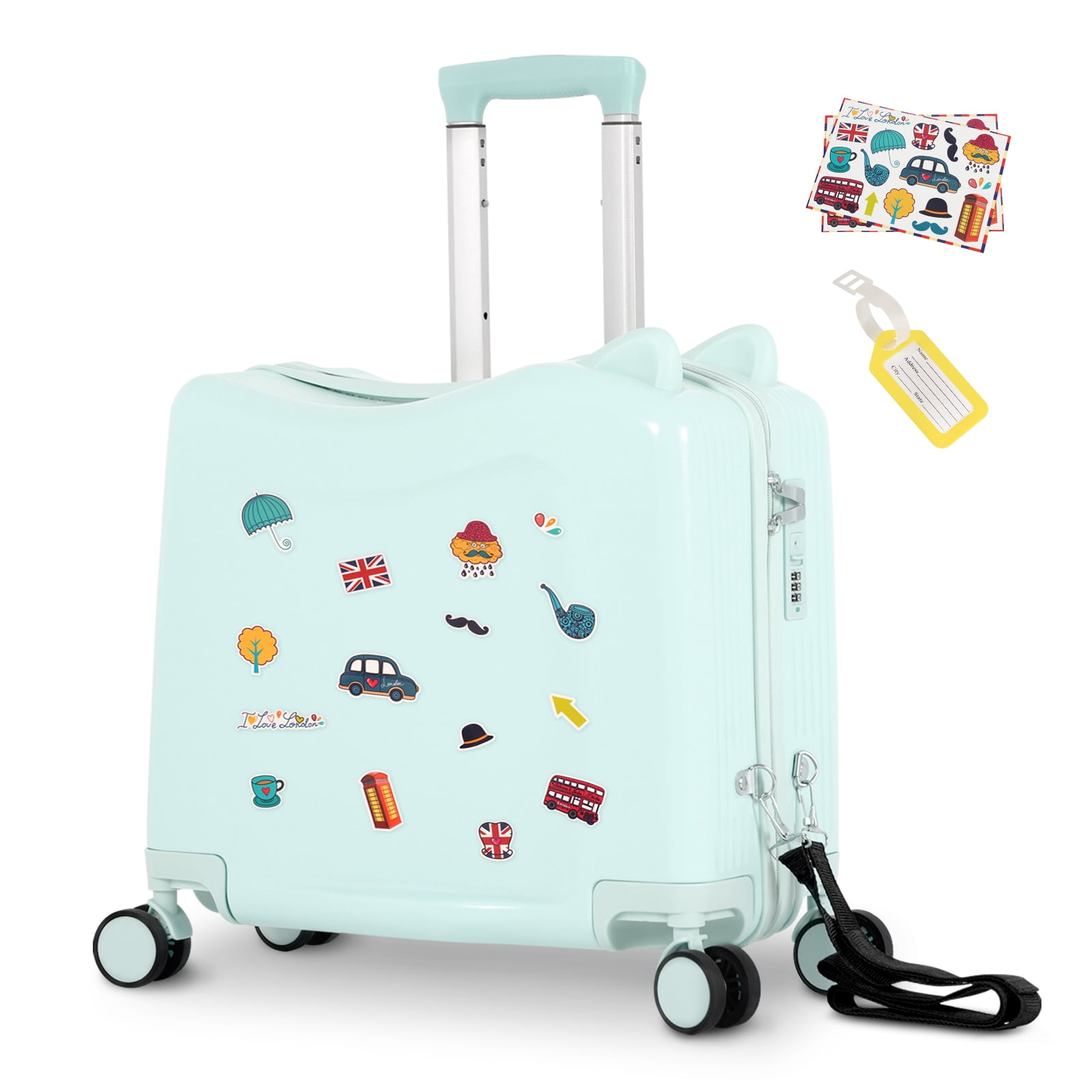 20 Inch Kids Ride-On Luggage with Spinner Wheels, Hard Shell Carry-On Suitcase with Strap, Mint Green