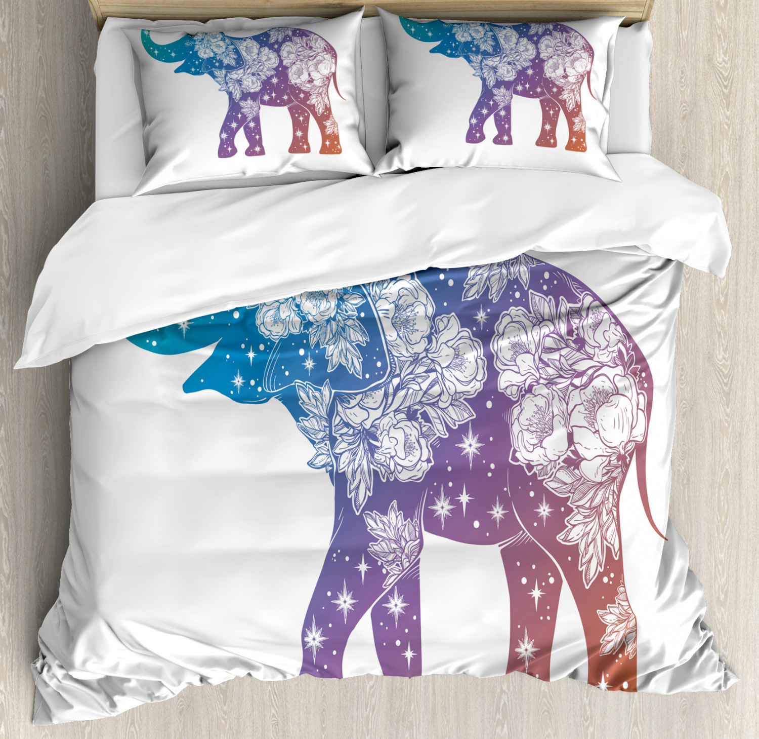 Elephant King Size Duvet Cover Set, Asian Animal with Romantic Wildrose