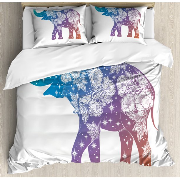 Elephant King Size Duvet Cover Set, Asian Animal with Romantic Wildrose