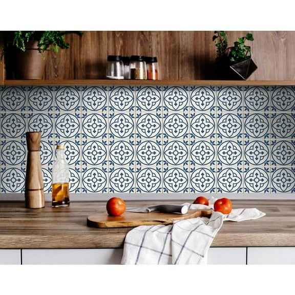 4" X 4" Tulipa Blue and White Peel and Stick Removable Tiles