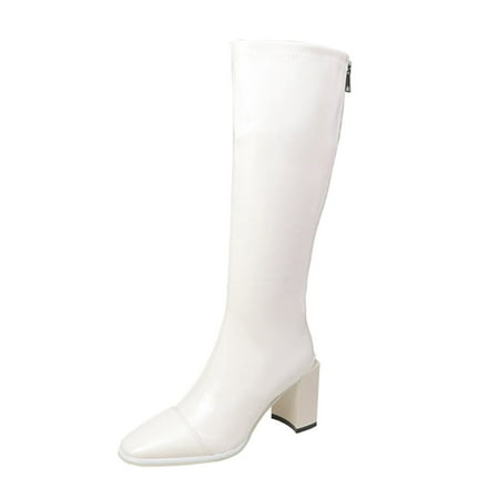 

XINSHIDE Female Knee Boots Female Fashion Solid Bright Leather Back Zip Chunky High Heel Boots Fashion Shoes