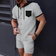 thumbnail image 2 of FRSASU Men's Short Sleeve Waffle Knitted Button Down Shirt Cardigan Sweater Hoodie and Drawstring Shorts 2 Piece Sets Gray, 2 of 7