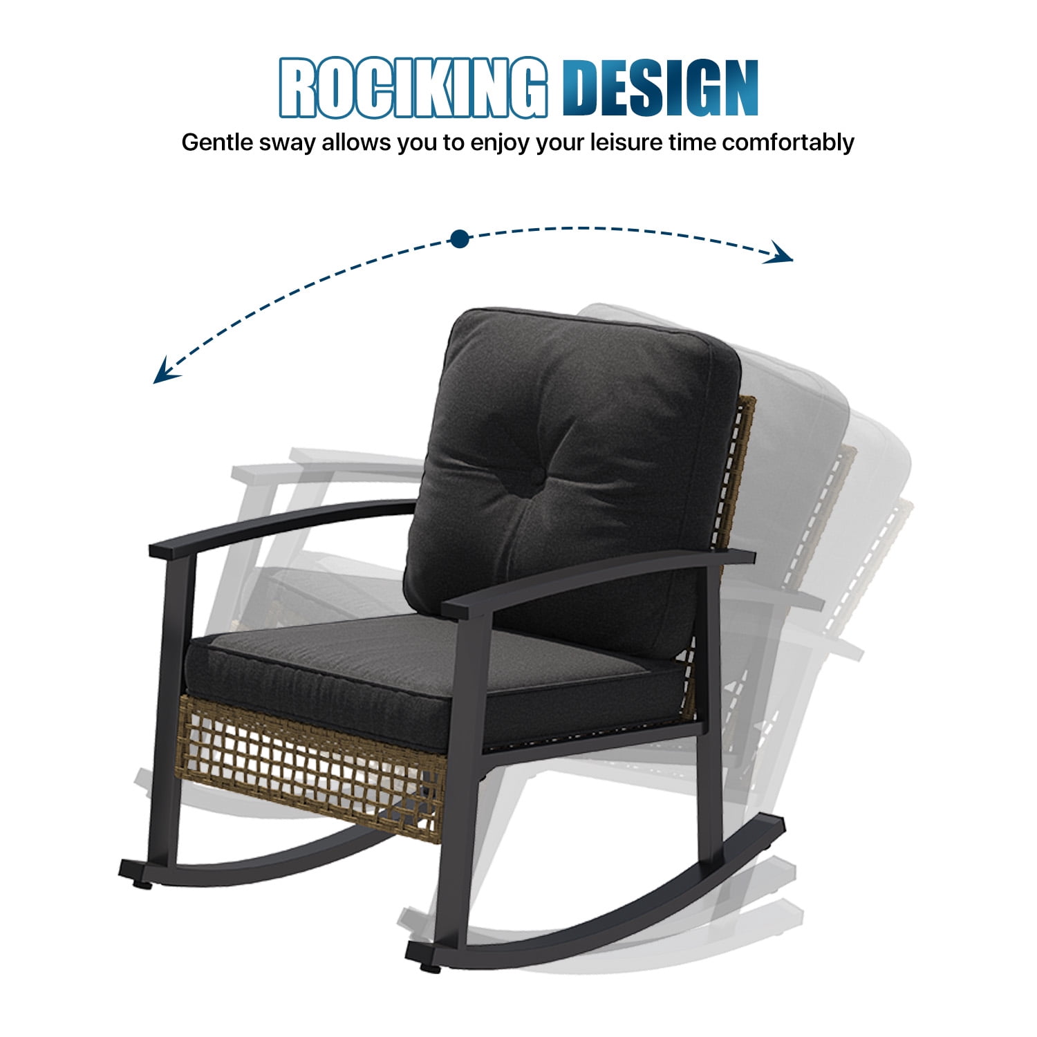 BaPiPro 3-Piece Outdoor Rocking Chair Set, PE Wicker Patio Furniture with Water-Resistant Cushions, Galvanized Steel Frame, 2-Tier Coffee Table, for Porch, Backyard, Poolside, Black