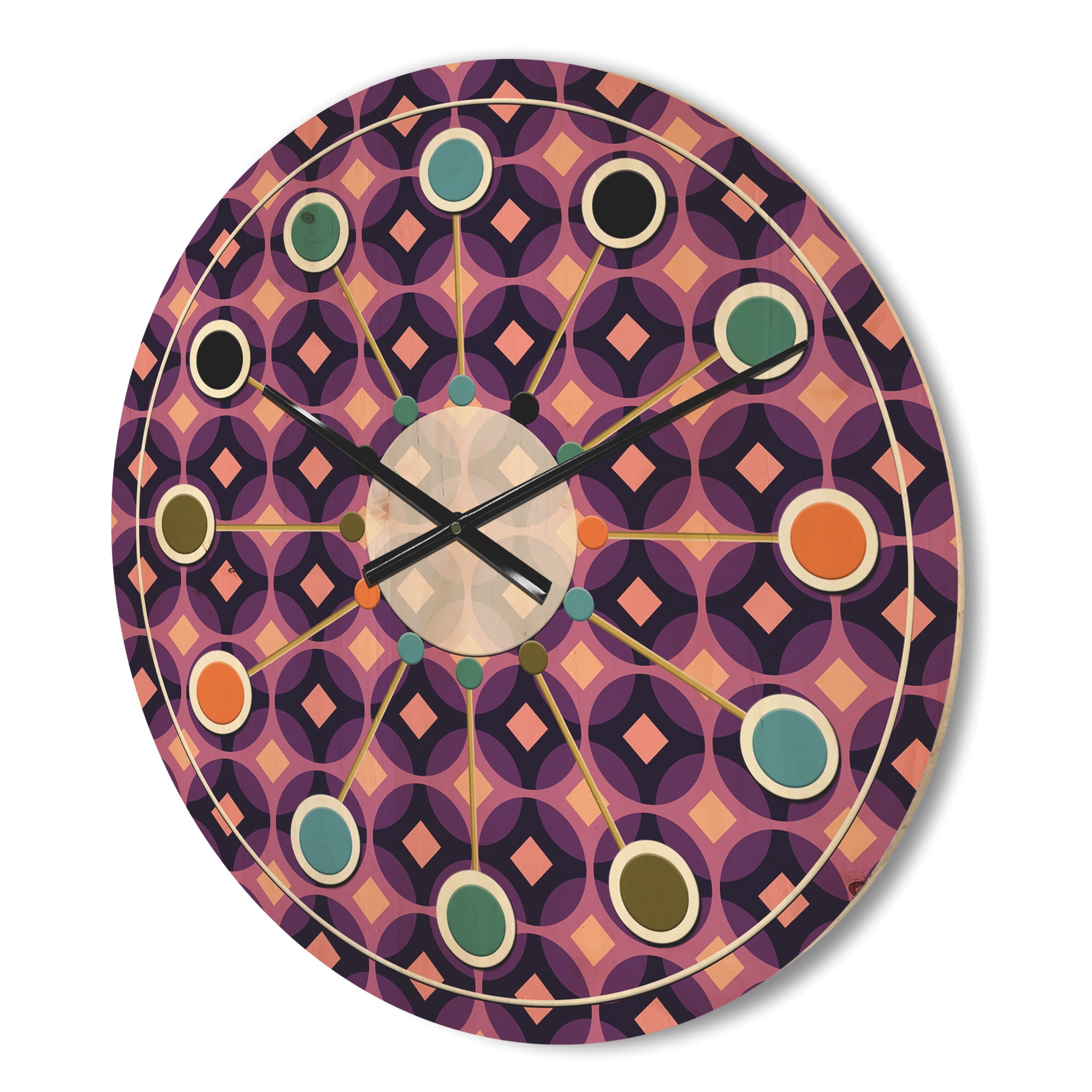 Designart 'Retro Circular Yellow and Purple Pattern' Mid-Century Modern Wood Wall Clock