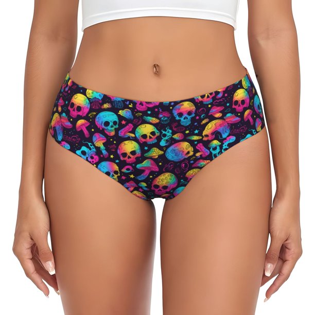 Balery Skull rainbow color mushroom Ropa Interior de Algodón para Mujer con Dibujo – Braguitas Cómodas y Elásticas, Estilo Clásico-X-Large