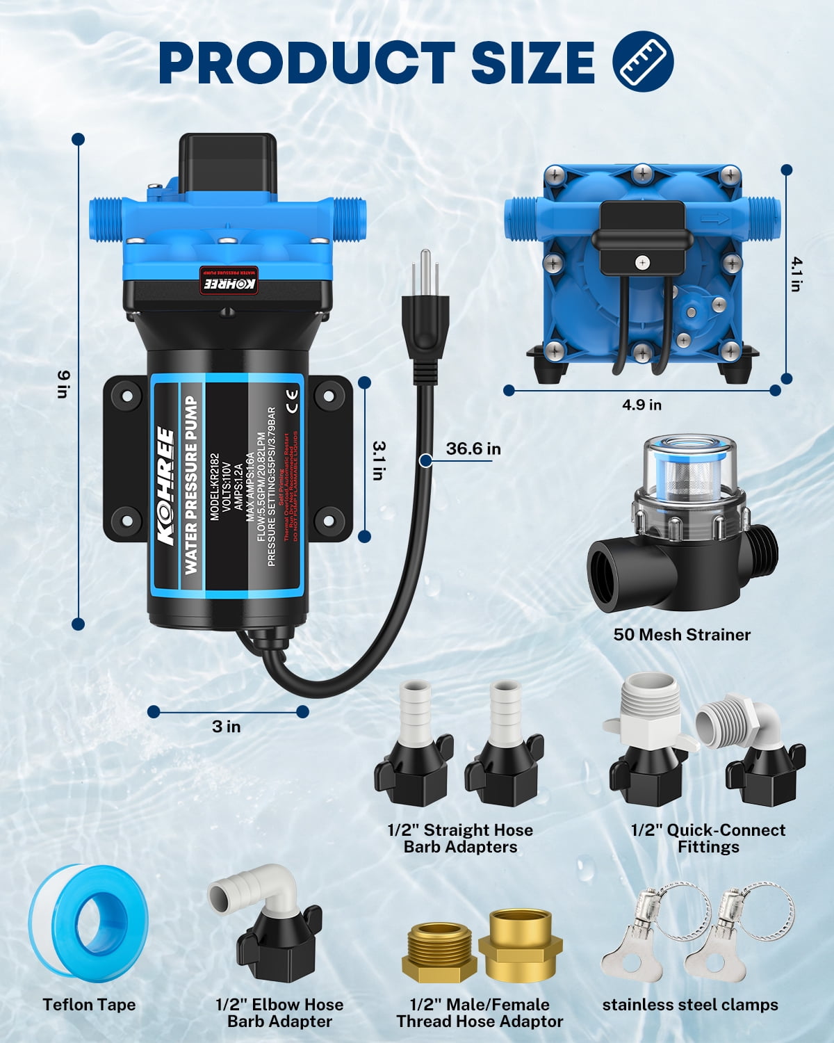 Kohree 110V AC Water Pressure Pump, 5.5GPM 55PSI Self-Priming RV Water Pump, On Demand RV Fresh 4-Chamber Diaphragm Water Pump, Pressure Switch & Strainer for Home, Garden, Marine, Off-Grid Use
