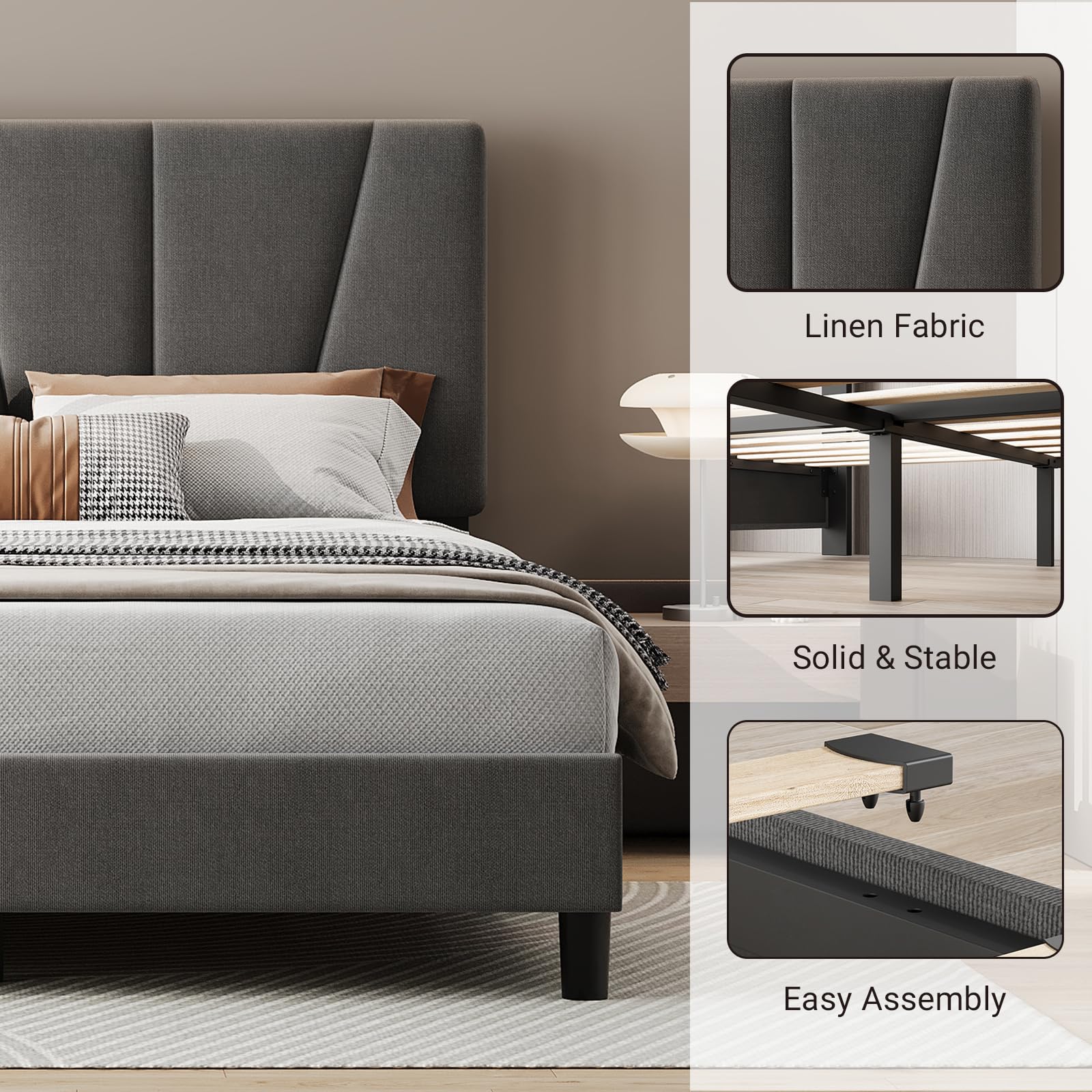 Queen Size Upholstered Platform Bed Frame with Soft Padded Diagonal Headboard,Noise-Free Wooden Slat Bed Frame
